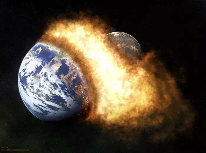 Planet Theia clashes with the Earth